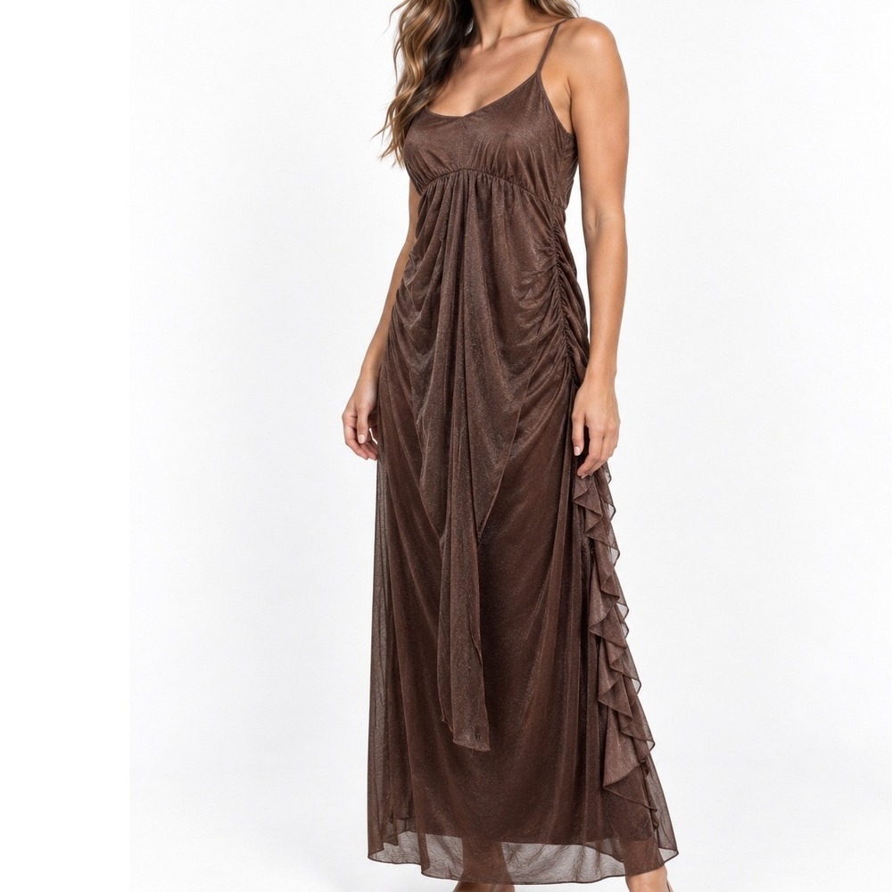 SheIn Women Brown Maxi Dress L Ruched Draped Spaghetti Strap Y2K Evening Party